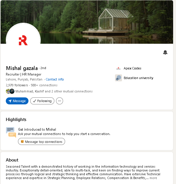 Mishal Gazala — Recruiter / HR Manager, Apex Codes